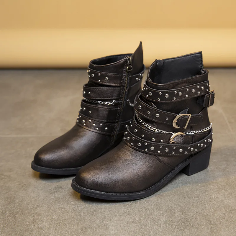 Women Shoes Winter Autumn Women Boots Retro Warm Leisure Buckle Ankle Boots Cross-tied Comfortable Shoes for Women Flat Shoes