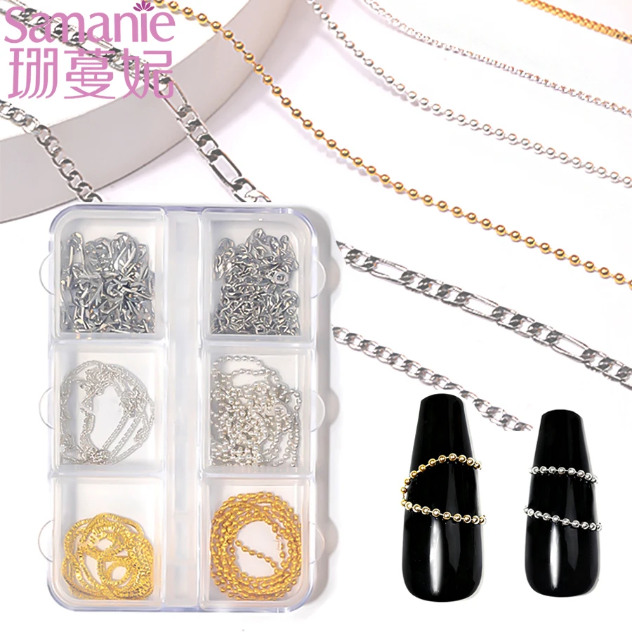 SANANIE 6 Grids Gold Silver Metal Nail Chain Charms Mix Thin Bead Link Chains Nail Art Decorations Punk DIY Manicure Accessories