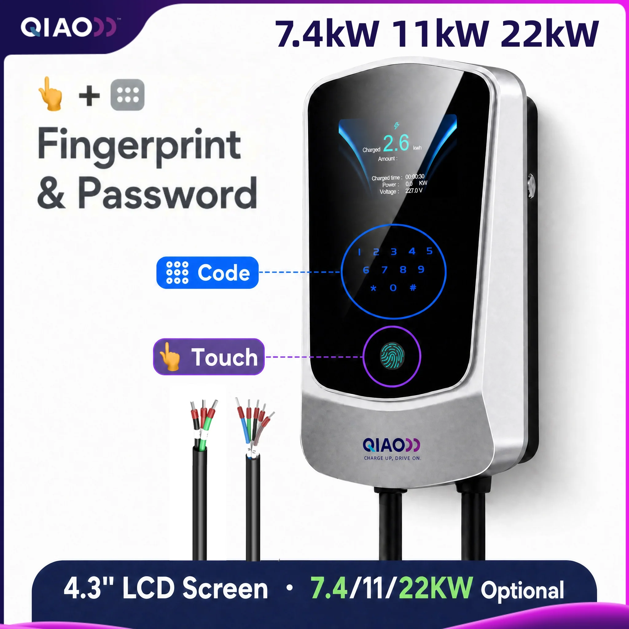 Type2 EV Charger 32A 7.4KW Electric Vehicle Car Charging Station EVSE Wallbox 11KW 22KW 3Phase 5m Cable Fingerprint and Passcode