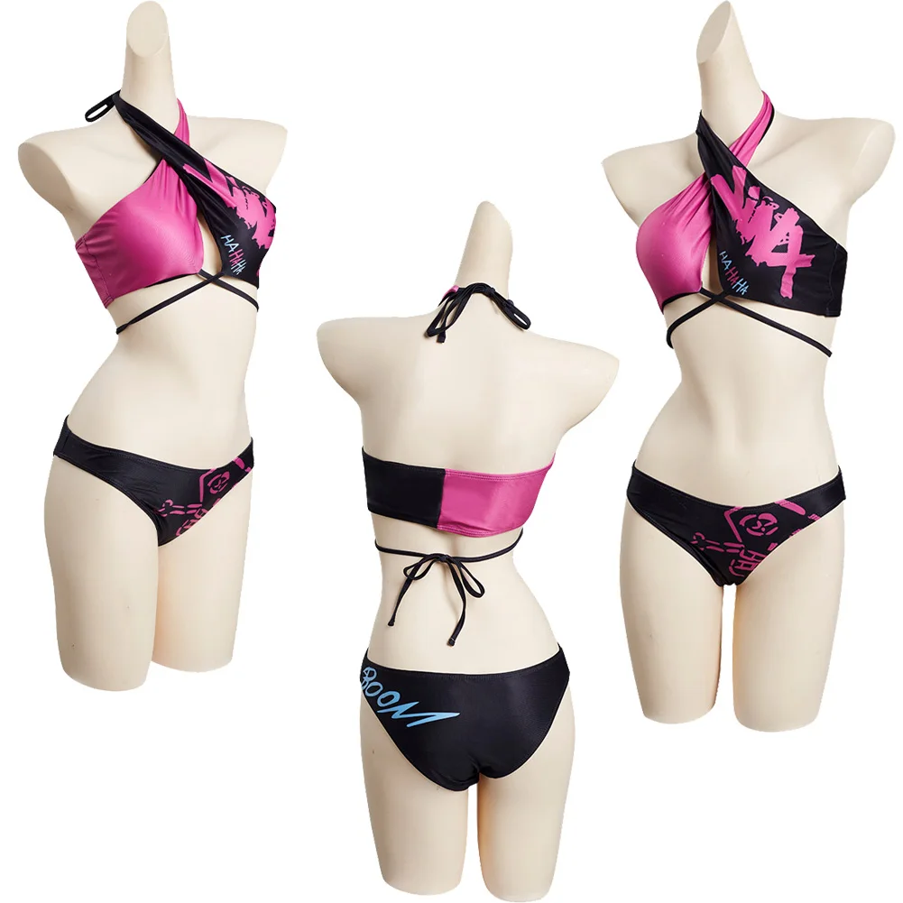 Jinx Women Swimwear 3-piece Bikini Cosplay Costume Game LoL Adult Fantasia Swimsuit Roleplay Outfits Halloween Carnival Suit