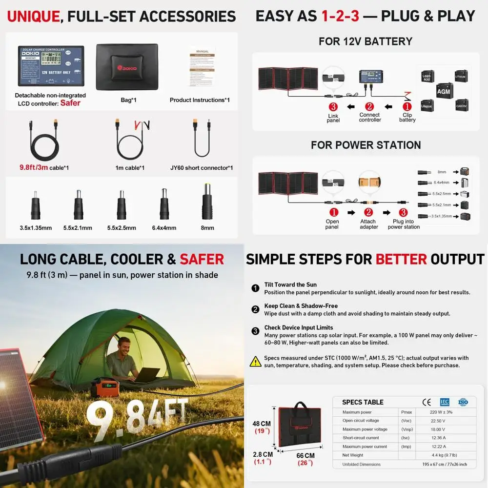 Portable 200W Foldable Solar Panel Kit, Lightweight 20x26.4in, 9.7lb with Stand, USB & 12V Battery, Ideal for Camping & Emergenc