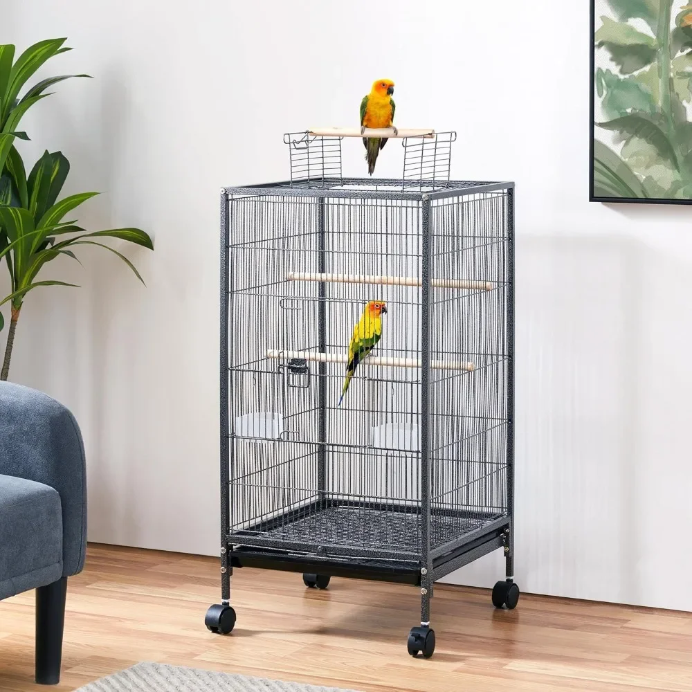 40 Inch Wrought Bird Cage Open Top Parrot Cage with Rolling Stand for Parakeets Cockatiels Lovebirds Canary Small-Sized Birds