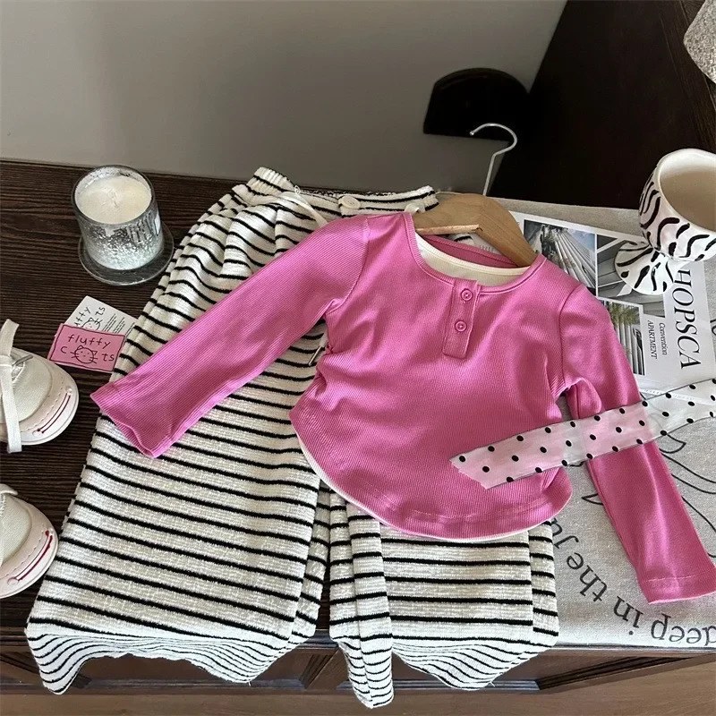 Kid Girl Two Piece Set Autumn Long Sleeved Rose Red Foreign Style Striped Pants Korean Version of Children's Clothing