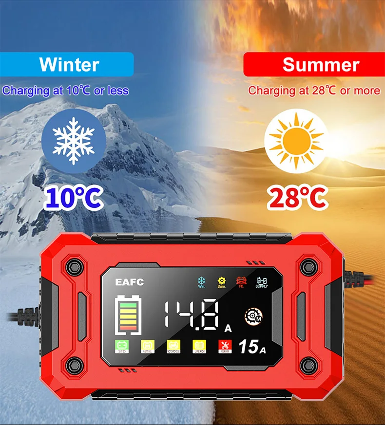 EAFC 12V 15A 8A Autobatterie-Ladegerät mit Großem Bildschirm, Pulsreparatur-Ladegerät für Auto, Motorrad, SUV, Lithium, AGM, Blei-Säure, GEL, LCD-Display – Detail 9