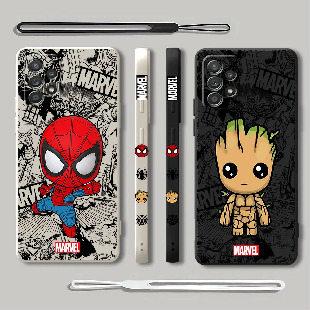 Cover liquida quadrata Marvel spiderman Groot custodia per telefono per Samsung Galaxy A50 A05S A20 A03 A51 A20s A02s A71 4G A10 A04 A70