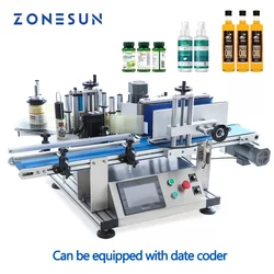 ZONESUN Automatic Round Bottle Labeling Machine Disinfect alcohol Adhesive Sticker Date Printer Label Applicator production line