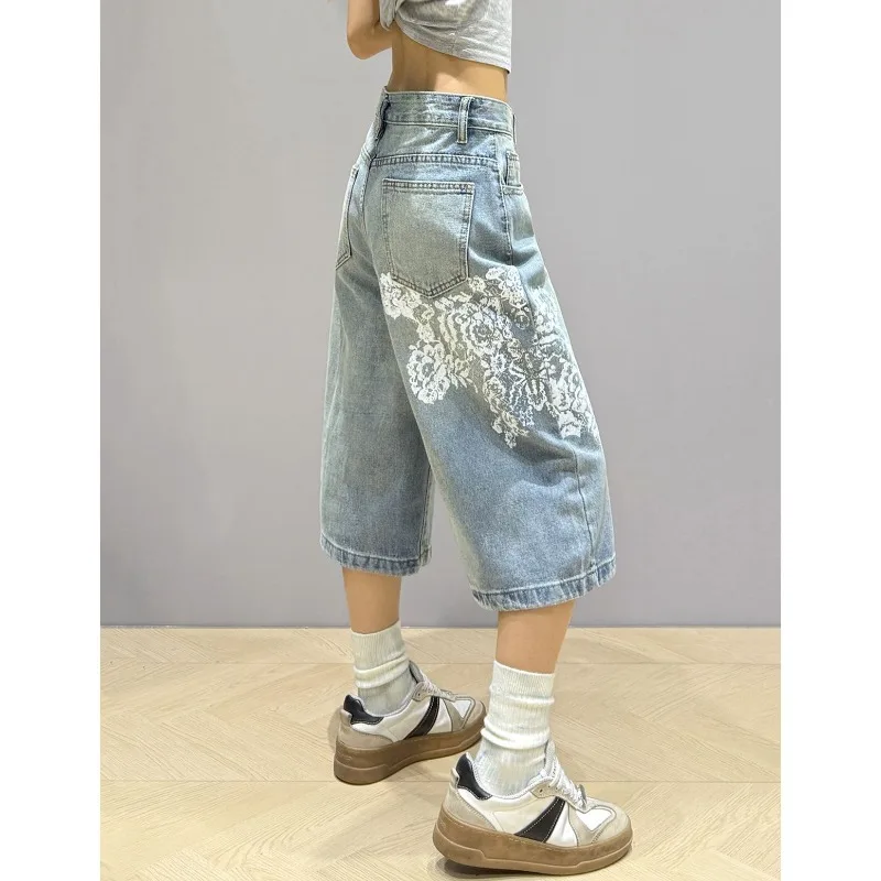 Y2K American Vintage Heavy Industry Jeans stampati in pizzo Donna High Street Design Si sente pantaloni larghi e sottili a sette punti a gamba larga