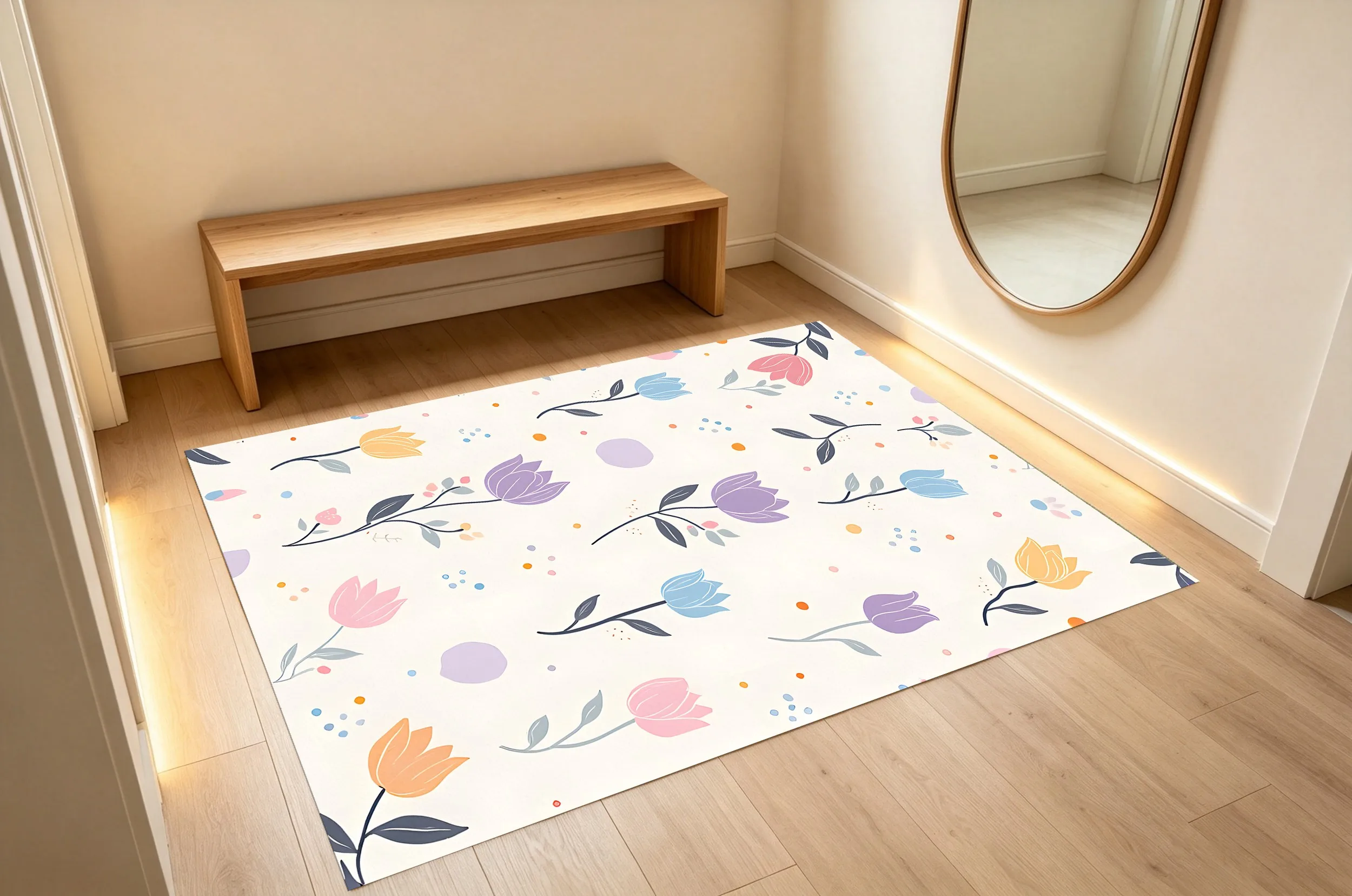 Pastel Tulip Floral Velvet Rug, Sweet Spring Decor for Bedroom, Living Room & Entryway, Gentle Soothing