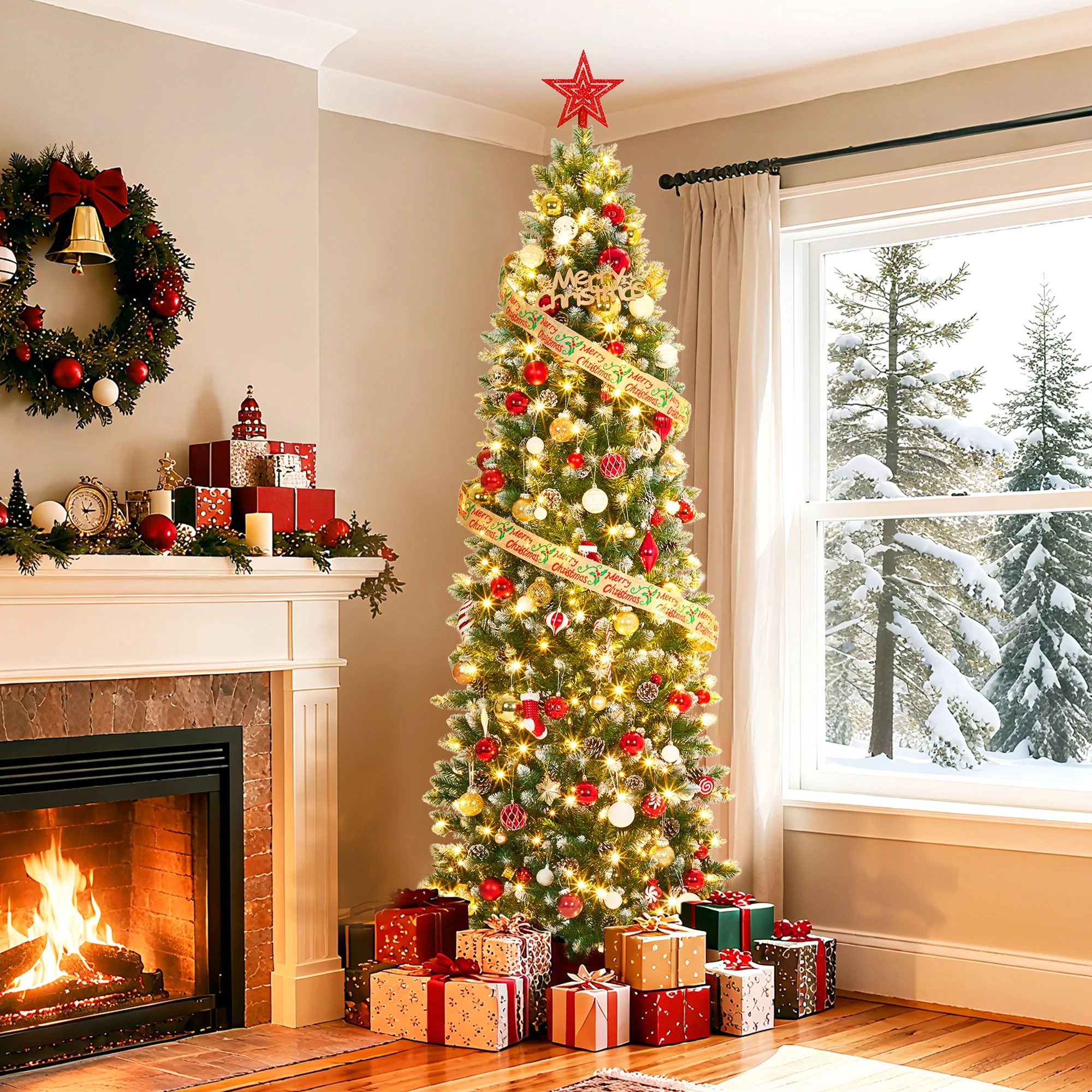 180cm Artificial Christmas Tree Slim with Lights, Pre-Lit Christmas Tree Artificial Pencil with Cones, Needles and Warm White 250 Led, Approx. 700 Points