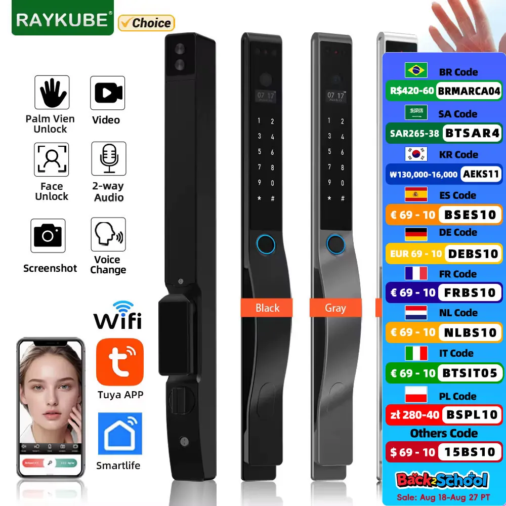 

RAYKUBE DQ10 Tuya WiFi Palm Vien Водонепроницаемый умный замок 3D распознавание лиц Цифровой замок с отпечатками пальцев с разблокировкой видеозвонков через приложение