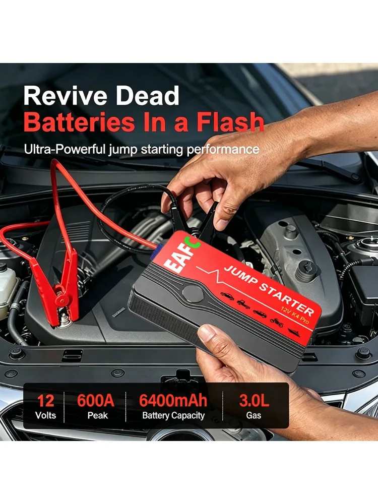 EAFC 12V Auto-Starthilfe, Batterie-Powerbank, 600 A, tragbare Starthilfe, Notfall-Auto-Booster für 3,0 l Benzinfahrzeuge