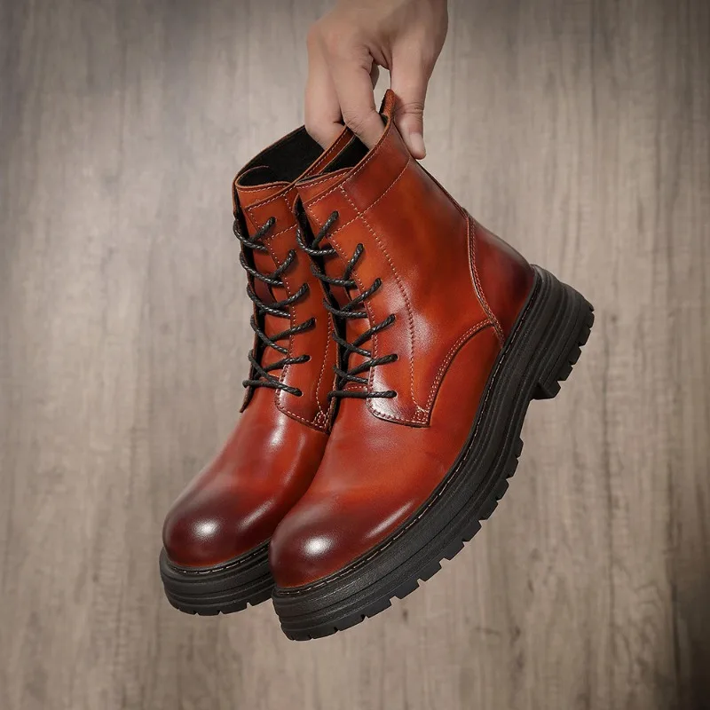 

Genuine Leather Chelsea Boots Men's Shoes Thick Sole Casual Outdoor Desert Work Busines Motorcycle Boots Male High Top
