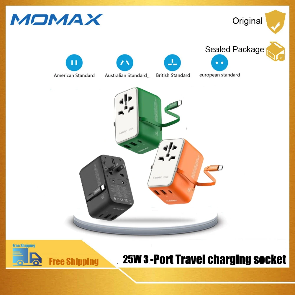 

MOMAX Universal Travel Adapter 25W Fast Charge 1-World+ 3-Port Travel Charger Built-In USB-C Cable 25W