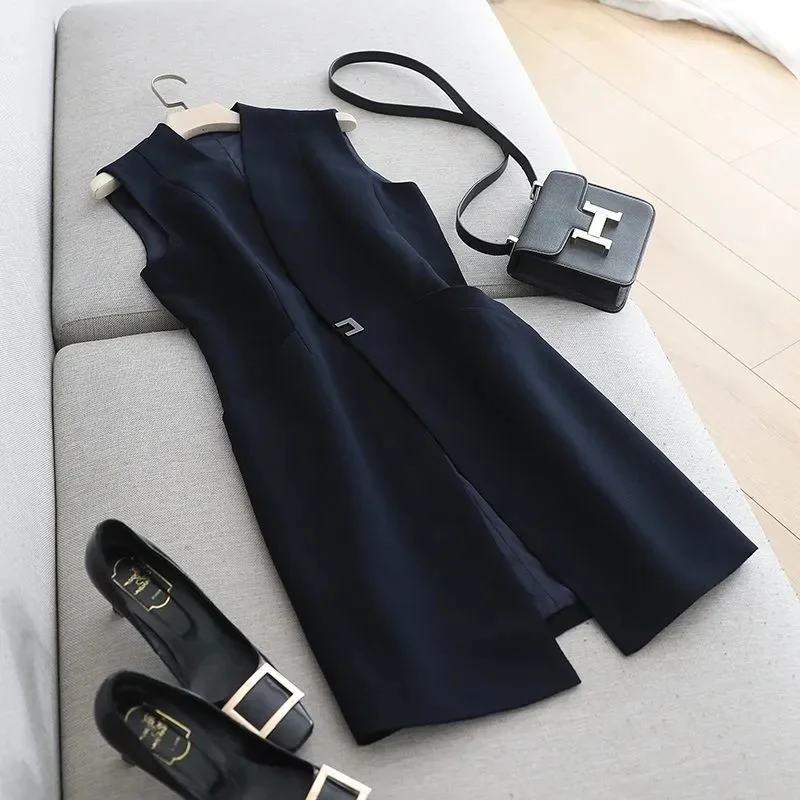 

2026 New Spring Autumn Office Blazer Vest Women Fashion Mid-long Slim Sleeveless Wasitcoat Female Vest Jacket Woman