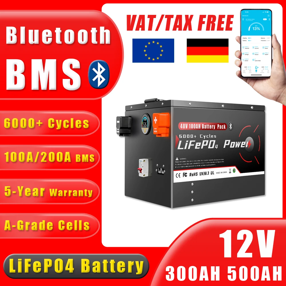 

12V 200Ah 300Ah 500Ah LiFePO4 Battery Pack Bluetooth BMS Grade A 6000+ Deep Cycle For Solar Home Storage RV Boat Inverters PV