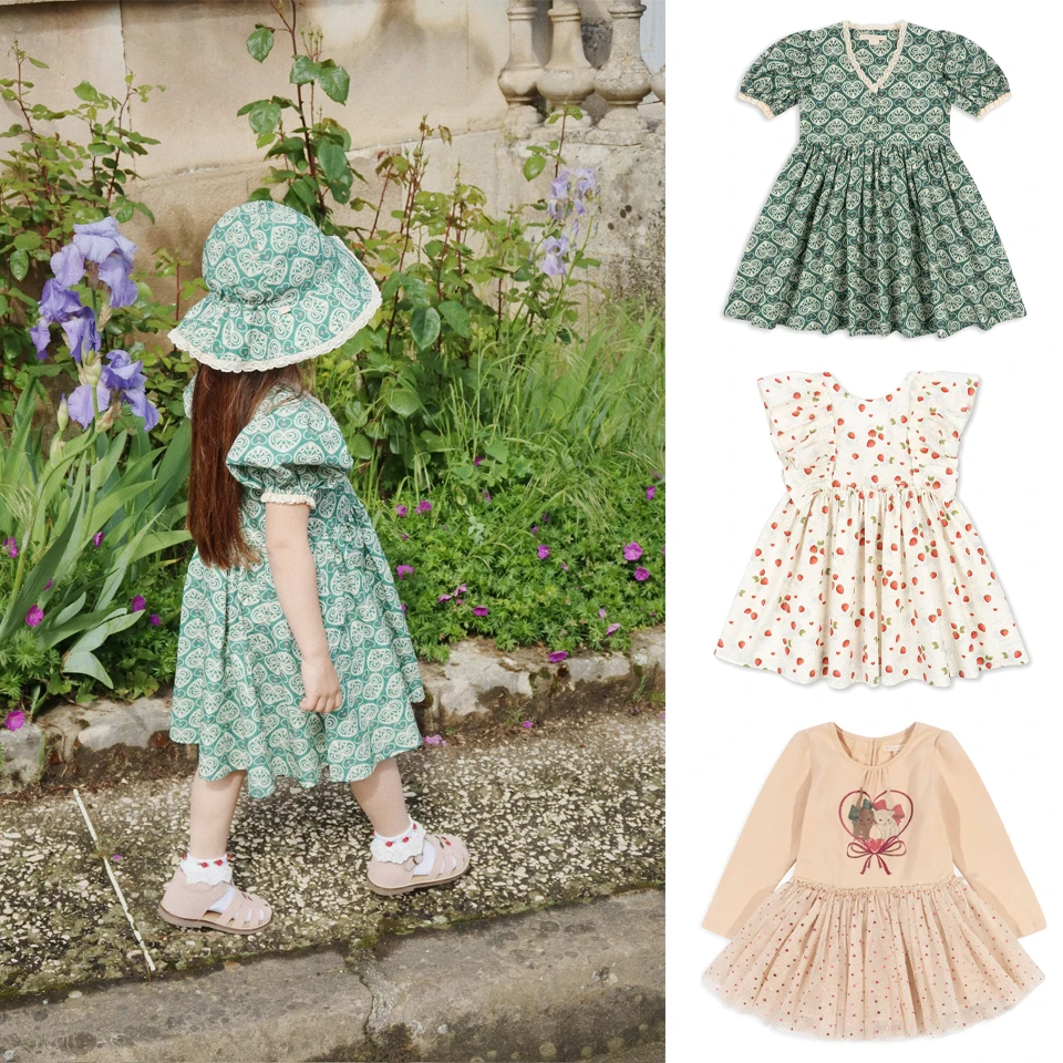 2025 KS Children Dress Cat Pattern Infant Dress Gown Girls Clothes Strawberry Baby Girl One-Piece Dress For Kids Girl Mesh Dress