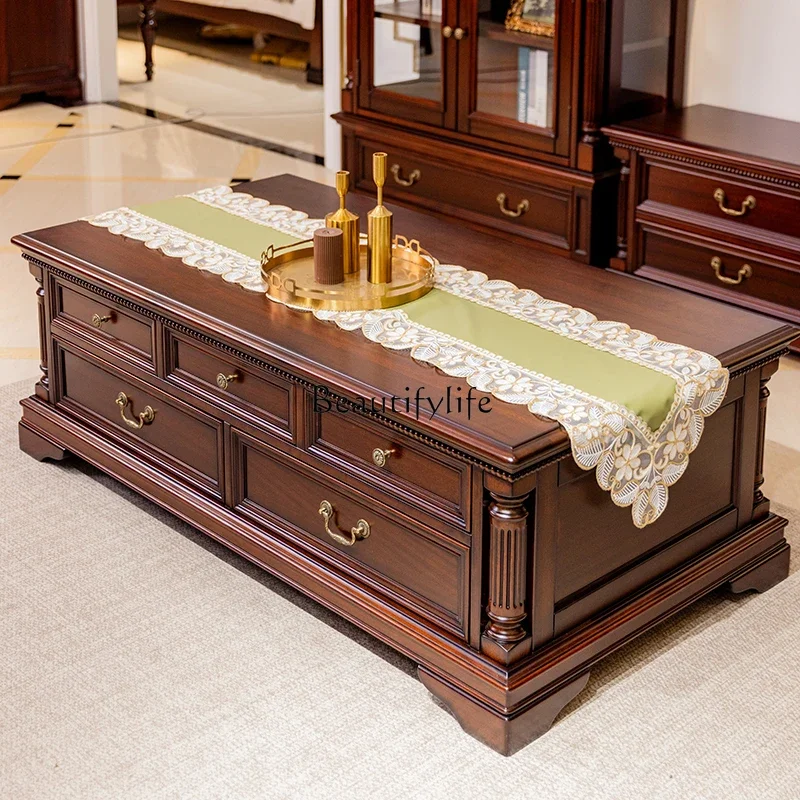 

yj19 American Style Coffee Table Black Walnut Solid Wood Living Room Rectangular Super Multi-Drawer Small Apartment