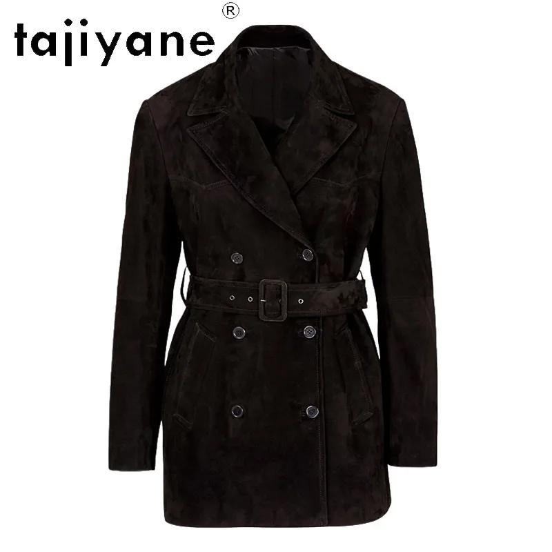TAJIYANE Genuine Leather Jacket Women Goat Suede Vintage Jackets Outwear Mid-length Trench Coat Double Breasted Belted Jaqueta