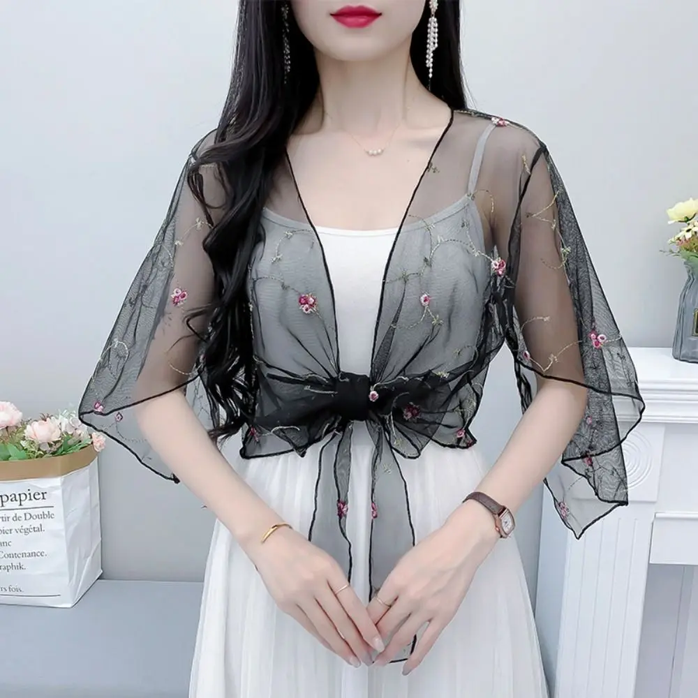 Embroidery Chiffon Small Shawl Jacket Flower Transparent Chiffon Cardigan Shirt Long-sleeved Sunscreen