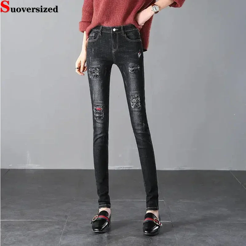 

Design Ripped Hole Pencil Jeans Casual Vintage Stretch Vaqueros Korean vaqueros Women Streetweear Skinny Mid Waist Denim Pant