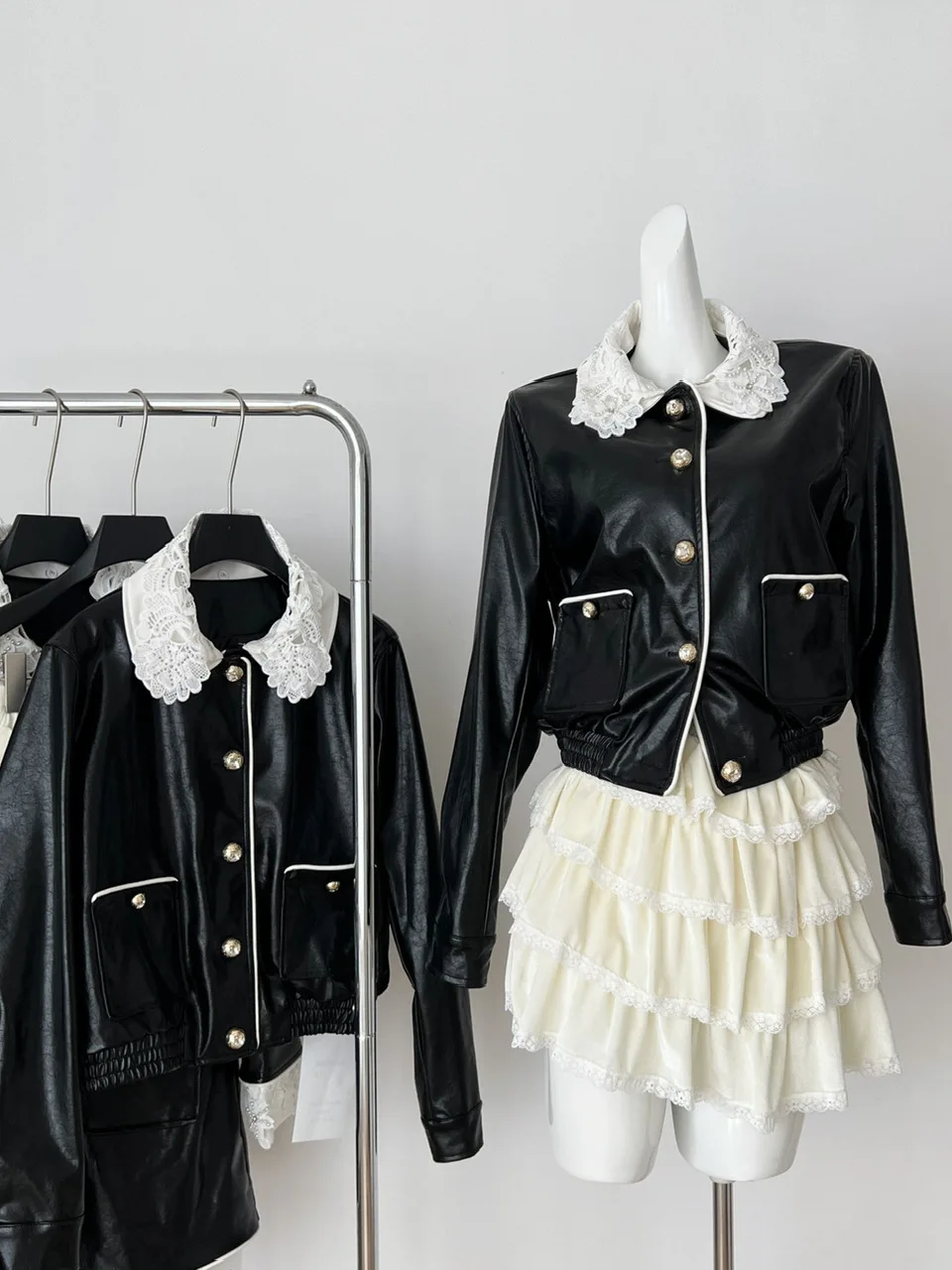 Conjunto de dos piezas de falda y falda de cuero con cuello de encaje de cintura alta, traje de mujer Faionable de longitud dulce Sle ort