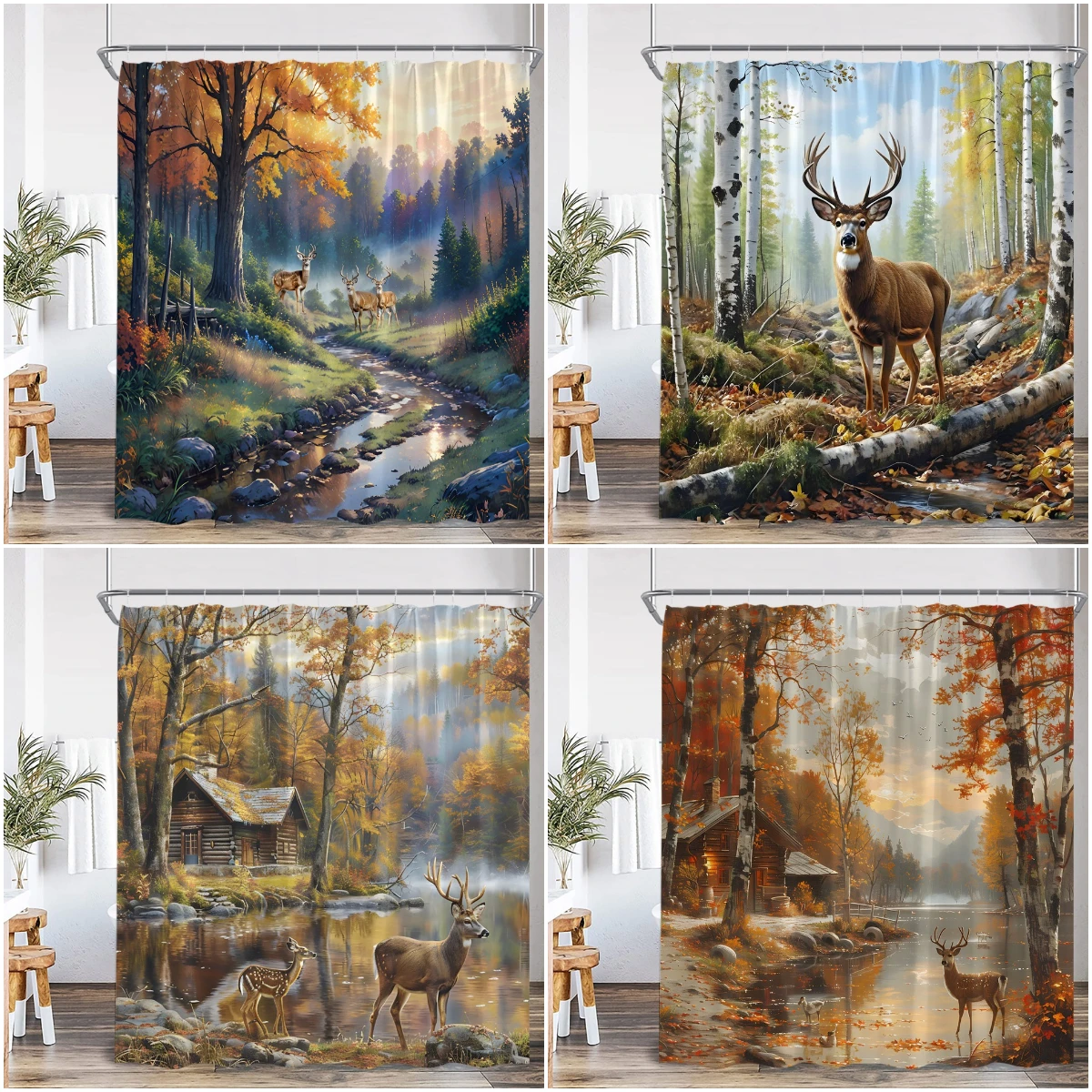 

Олень Осенний пейзаж Занавеска для душа Кленовое дерево Кабина Ручей Горы Природный пейзаж Полиэстер Занавеска для ванны Украшения для ванны