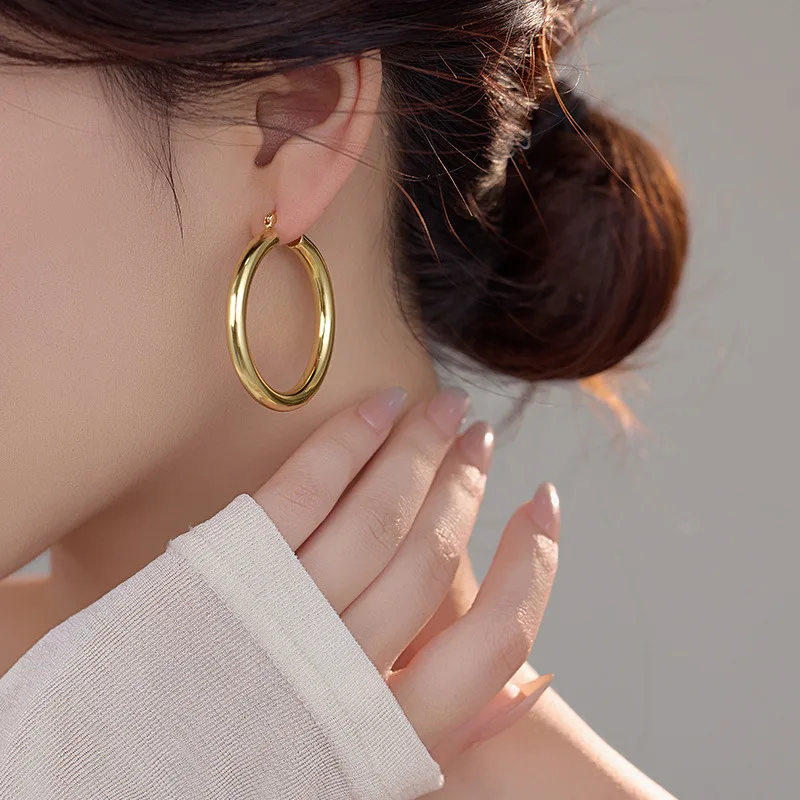

Fashion Jewelry Earrings 925 Sterling Silver Trendy Chunky Earrings Big Heavy Round Gold Plated Hoop Earring Women