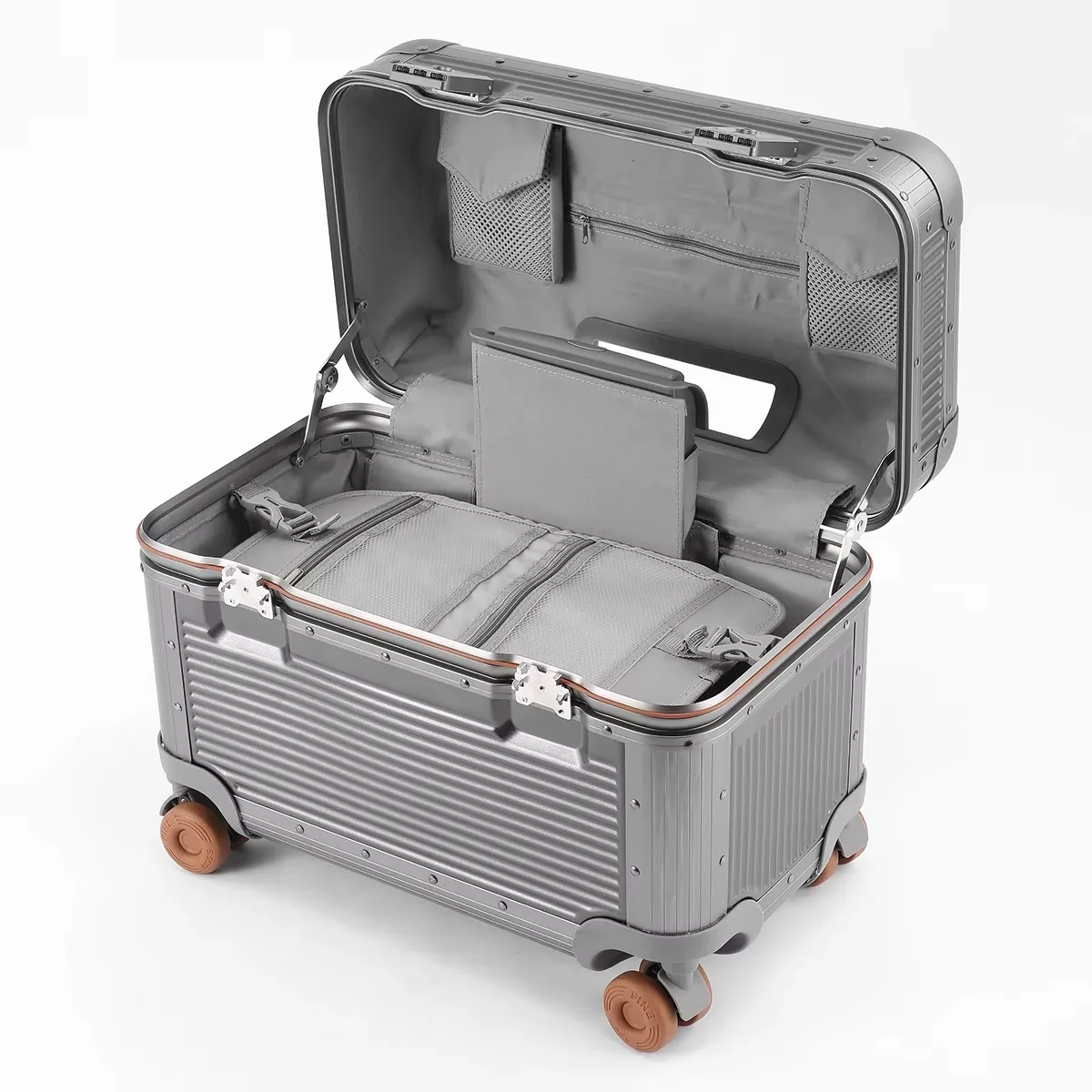 18' Aluminum Frame Carry-On Suitcase - Front Open TSA Lock Silent Spinner Wheels Business Travel Horizontal Cabin Luggage