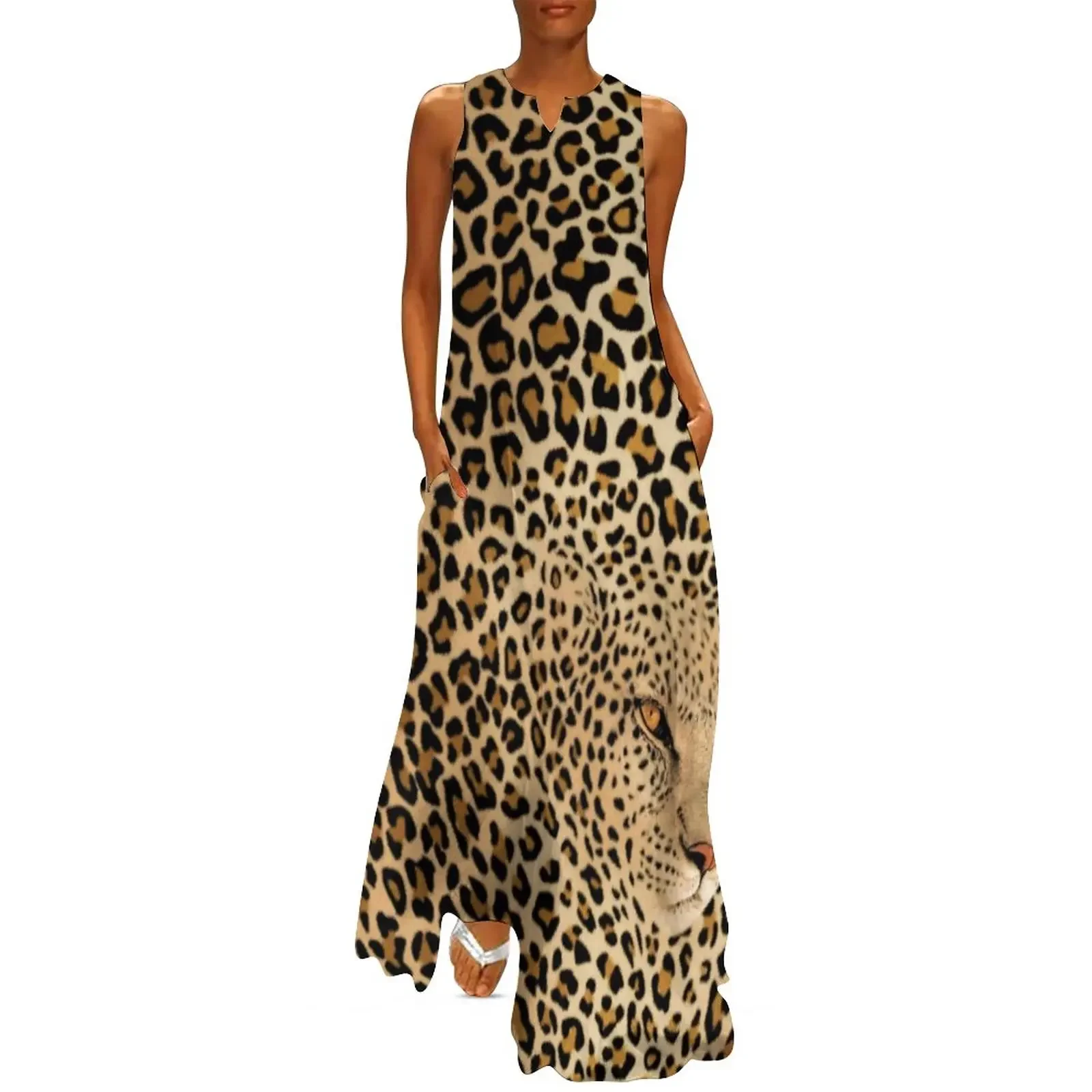 Brown Dress Summer Leopard Graphic Women Fashion Bohemia Long Dresses Ladies Sleeveless V-neck Tank Maxi Dress Birthday Present