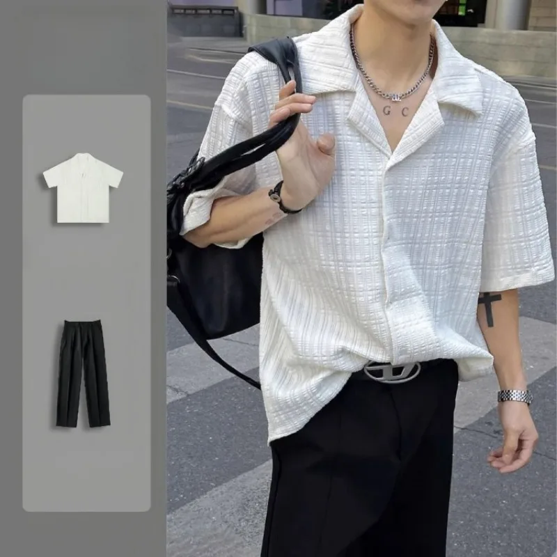 

Men's Summer Korean Style Ice Silk Wrinkle Free Short Sleeve Shirt Cuban Collar Light Luxury Premium Textured Drapey Loose Top