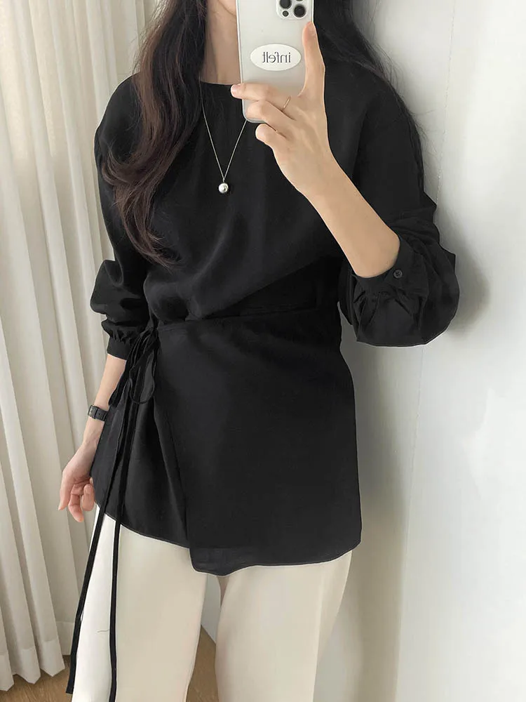 

Liangliang Side Tie Waist Cinching Long Sve irt Korean Sle Commute Thin Patchwork Personali Early Autumn New Arrival