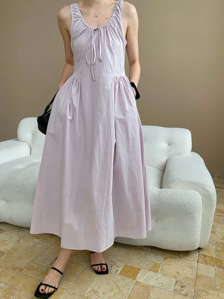 

2025 Summer Sleeveless Women's Dresses Casual Solid Color Slim Fit Lace Up O-Neck Suspender Dress A-Line Long Female Vestidos