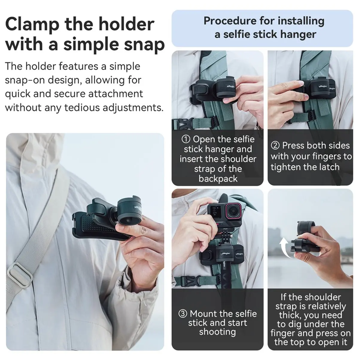 A71Z  Selfie Stick Holder Hands-Free Backpack Strap Clamp Mount for X4 X3 Pro 2 13 Accessories