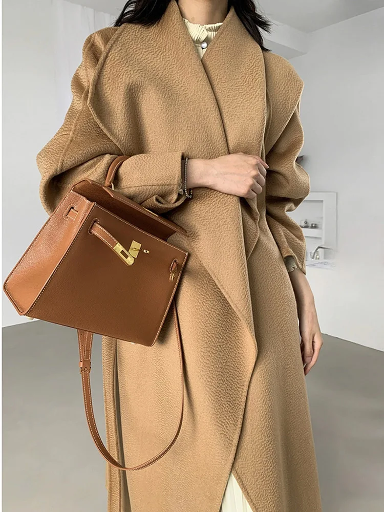 New Solid Women Wool Water Ripple Coat Large Lapel Double-sided Jacket Loose Fashion Warm Casual Female Clothing Autumn Winter