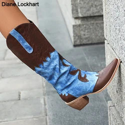 New Western Cowboy Boots Women Autumn Winter Pointed Toe Sewing Patchwork Med Heel Long Shoes Female Ethnic Style Slip On Boot