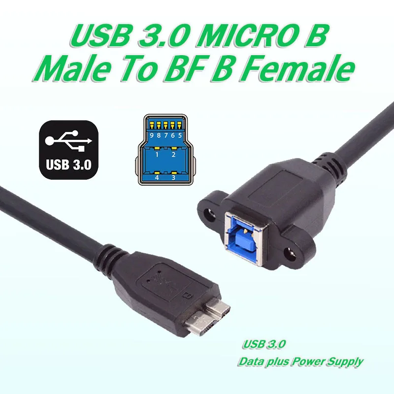 USB 3.0 MICRO-B Male To 3.0-BF B Female Cable Extension 5Gbps  for Disk SSD Camera Data with Fixed Holes Locking Screws 0.3m