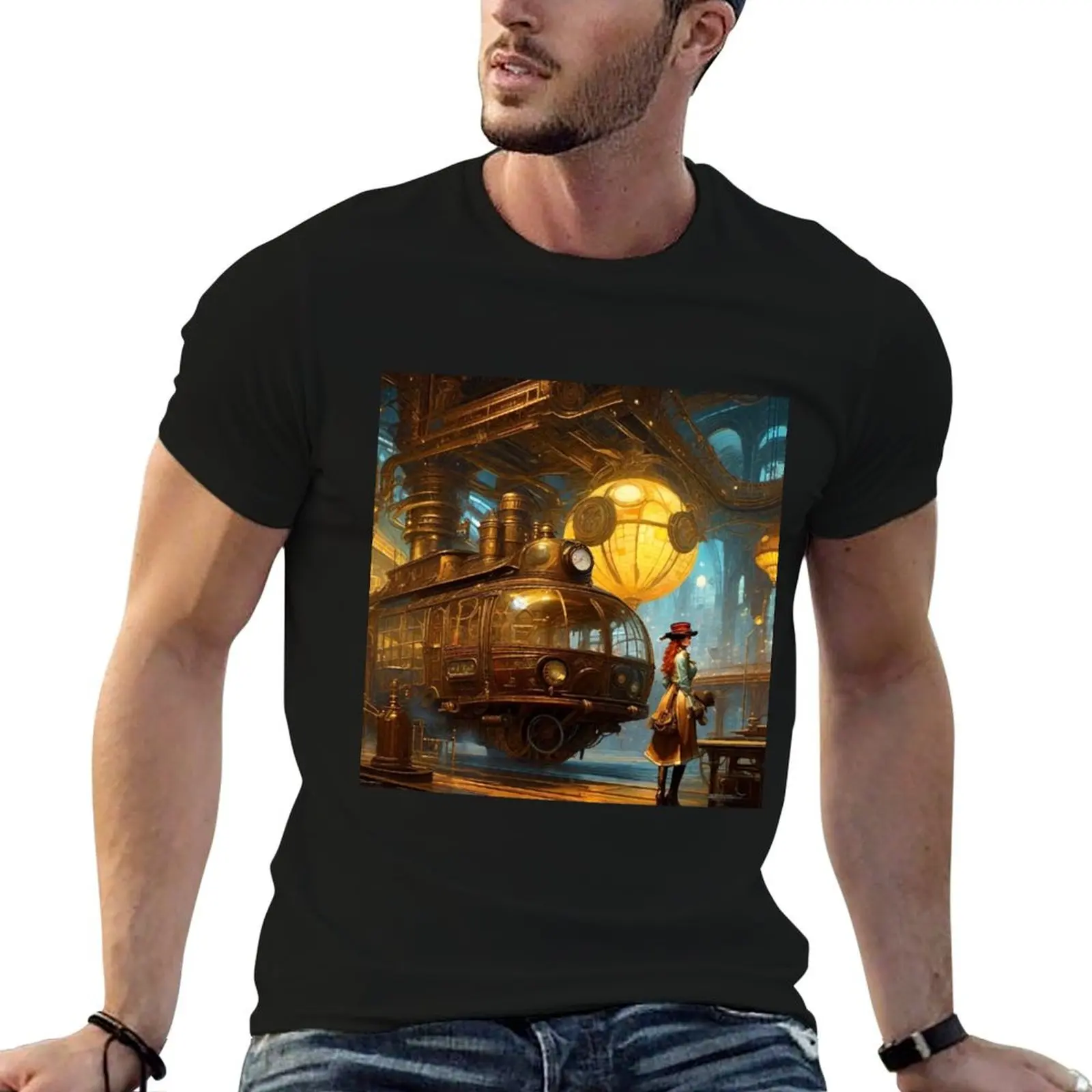 Steam Powered Tram - Surreal Fantasy Art T-Shirt Sporty Casual Quick Dry T-Shirt