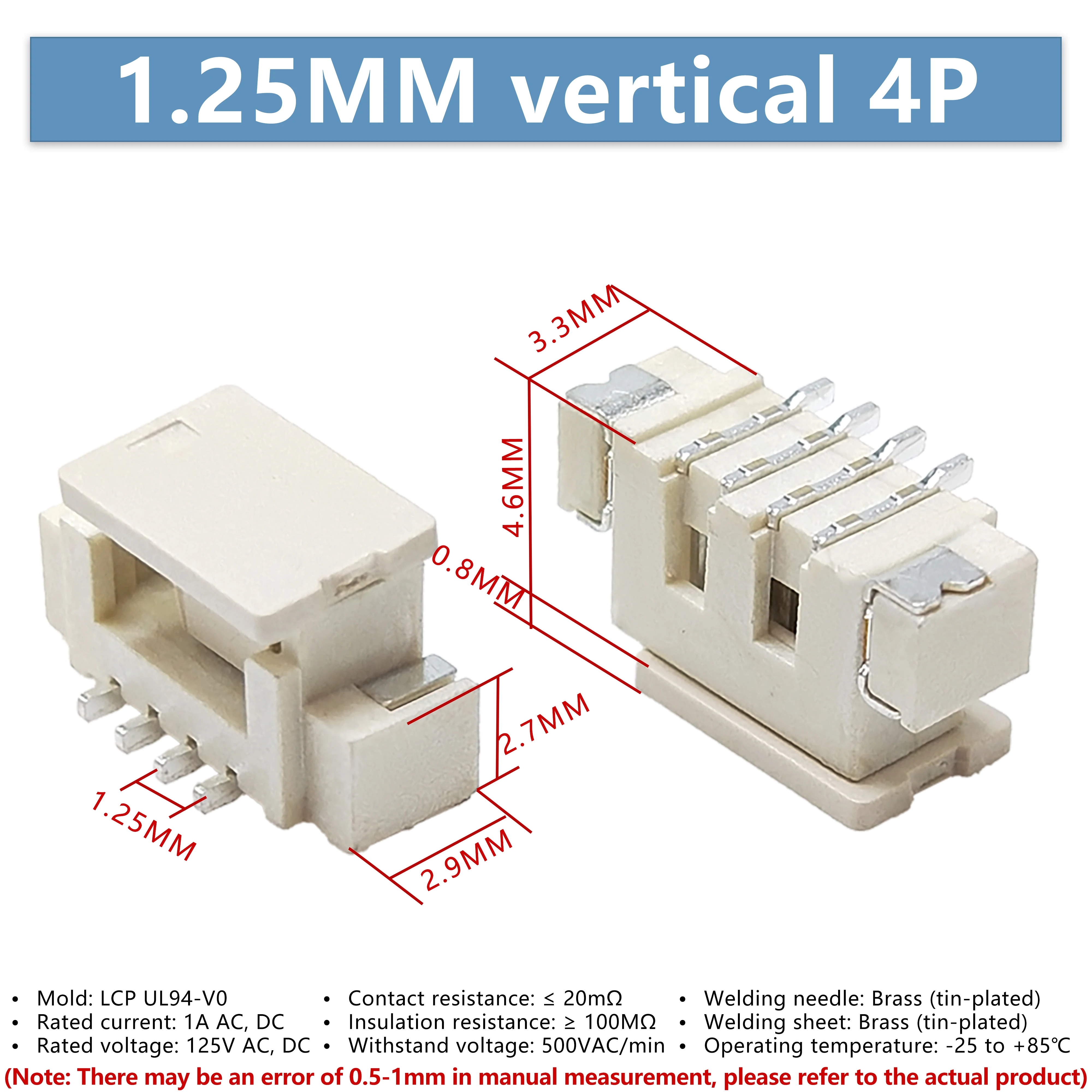 10PCS ZH1.25mm Pitch 4P Vertical SMD Wafer Connector Female Housing Socket Terminal Plug, High Temperature Resistant