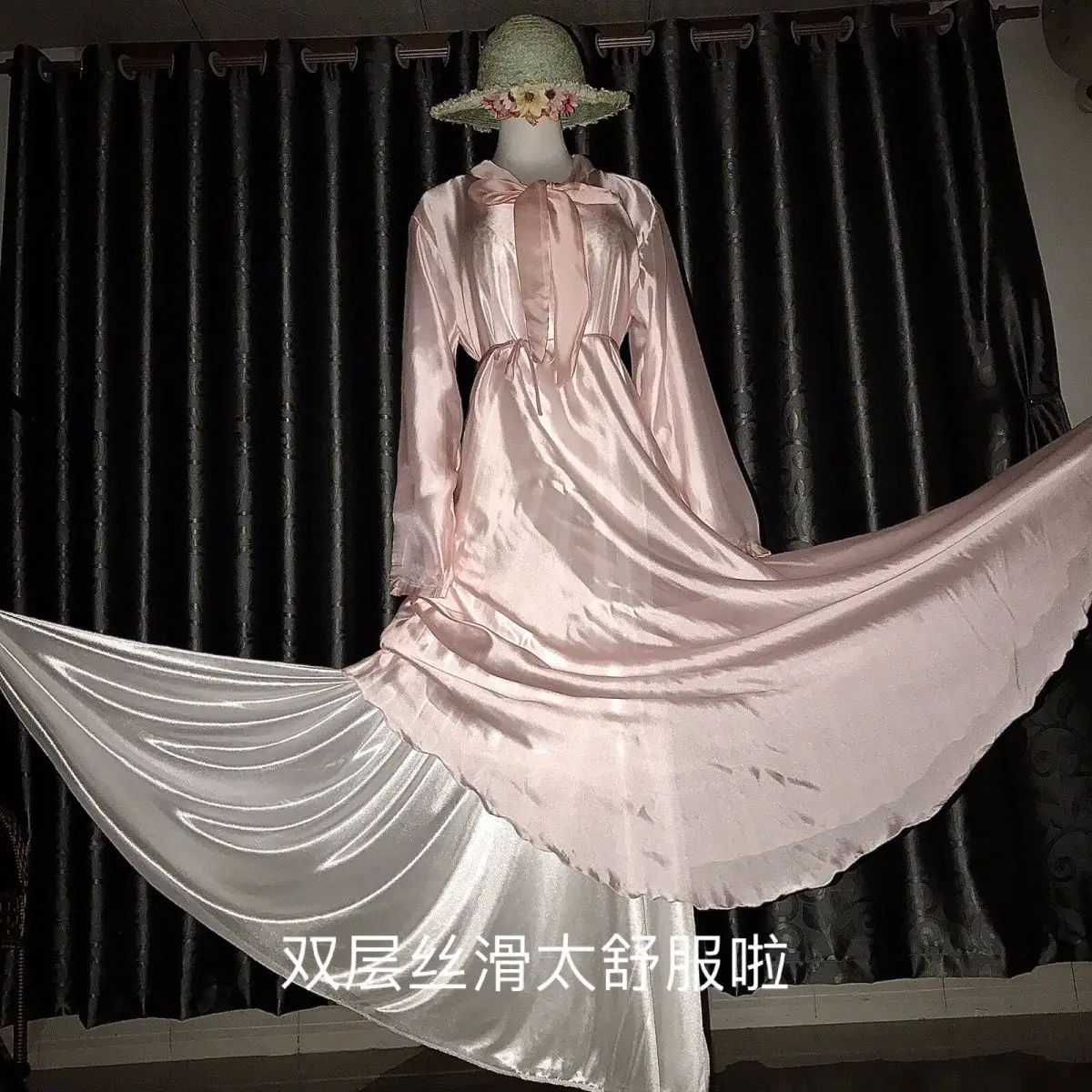 2層のボイル生地の外側、アイスシルクの内側、花柄プリントの光沢のあるセクシーな女性用サテンロングドレス、ゆったりとしたマキシ丈ドレス、エレガントなドレス