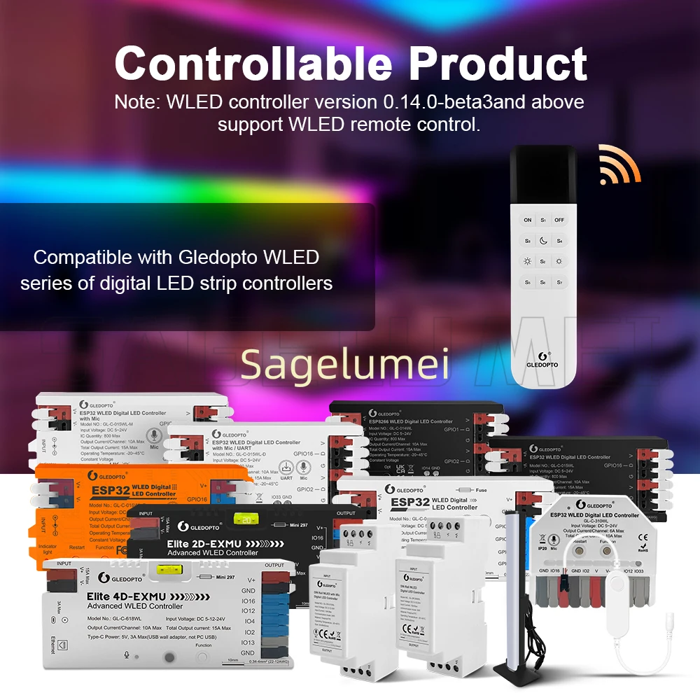 

GLEDOPTO WLED Remote Control ESP Now 7 Group Preset Scenes 2.4GHz WiFi Wireless 50M Distance On OFF Dimmable Brightness Adjust