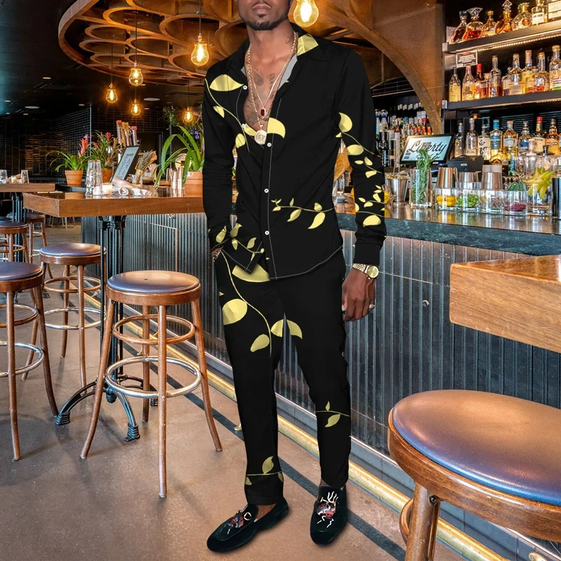 Floral Leaf Style Pattern 3D Print Men Harajuku Clothing Suits Tracksuit Long Sleeve Shirt Long Pants Two Piece Sets Clothing