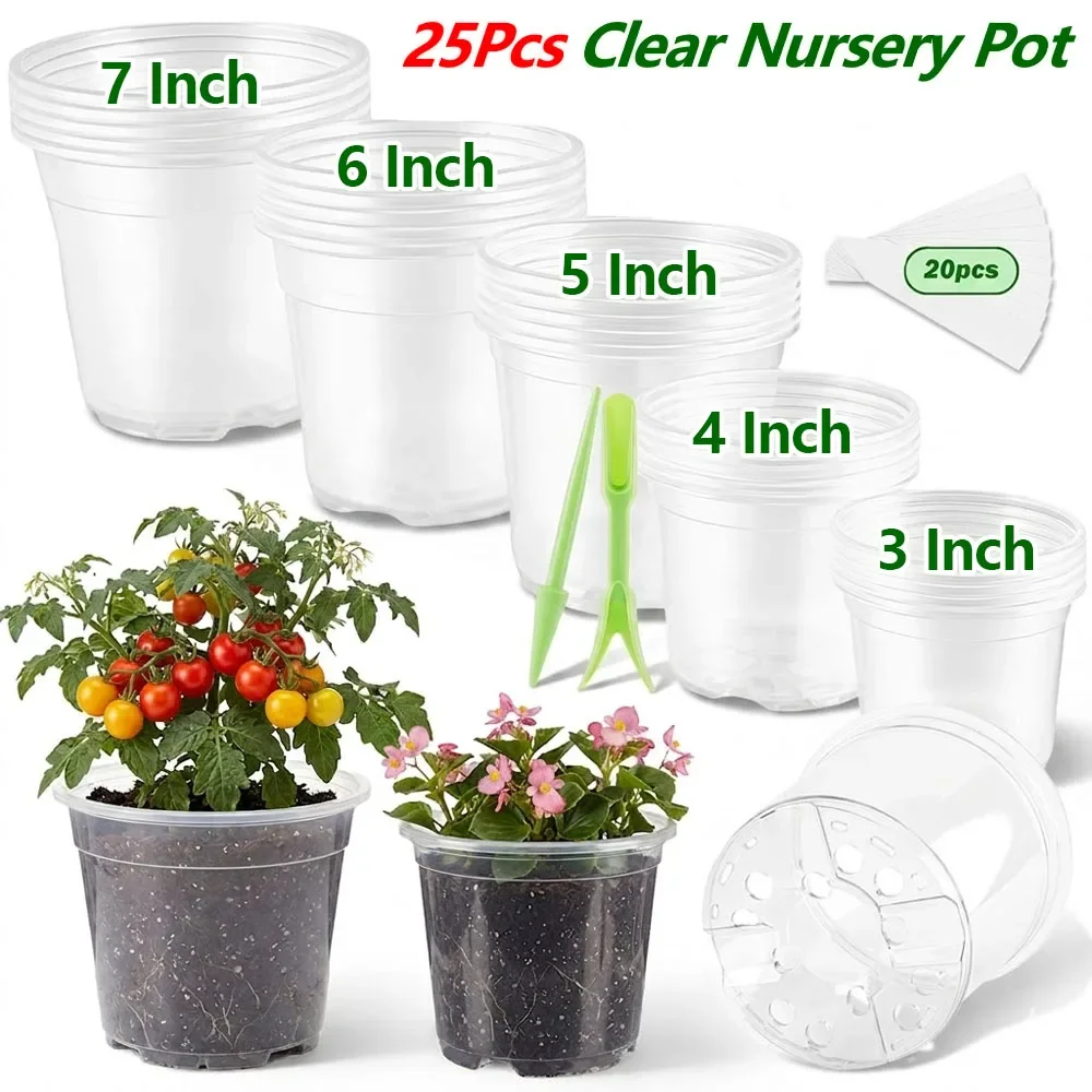 25Pcs 3/4/5/6/7 Inch Clear Nursery Pot Plastic Planter with Small Label Drainable Seedling Pot Seed Starter Pot Garden Accessory