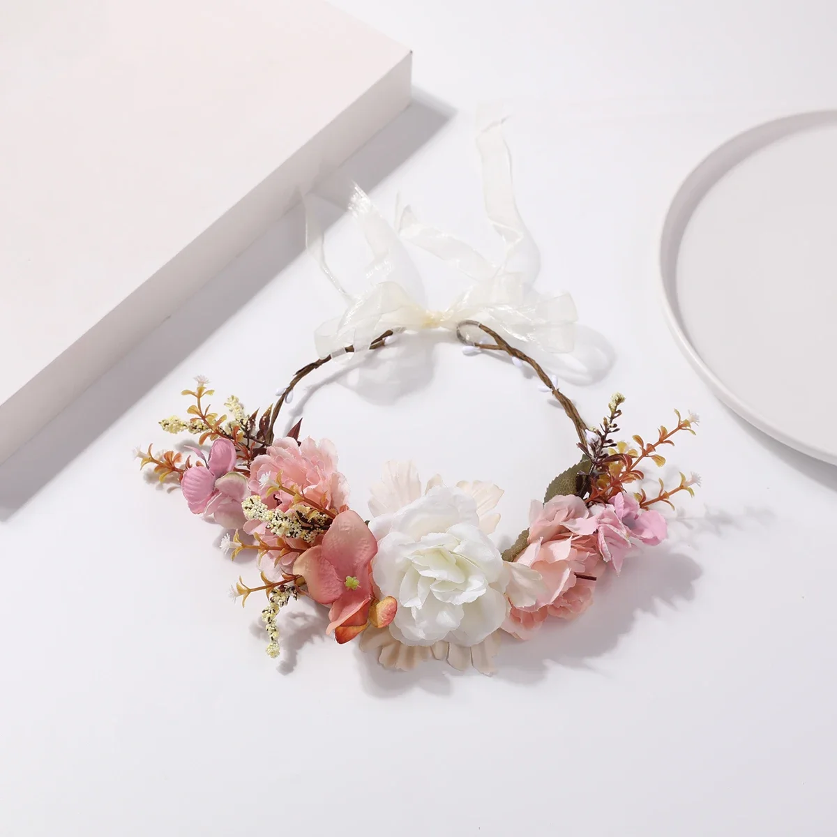 Pink White Flower Wreath Hair Hoop Fairy Aura Headwear Retro Forest Style Flower Wreath Headwear Accessories