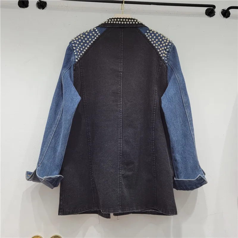 Mid Long Rivet Diamonds Denim Spliced Plaid Blazer Coat Women Autumn New Loose Vintage Black Jeans Patchwork Suit Jackets Female