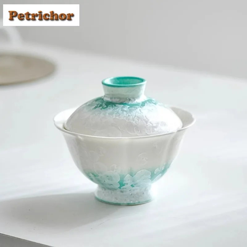 

90ml Kiln Fambe Gradient Crystal Green Petal Gaiwan Zen Tea Tureen Tea Bowl With Lid Kit Tea Making Cover Bowl Cafes Pot Bearing