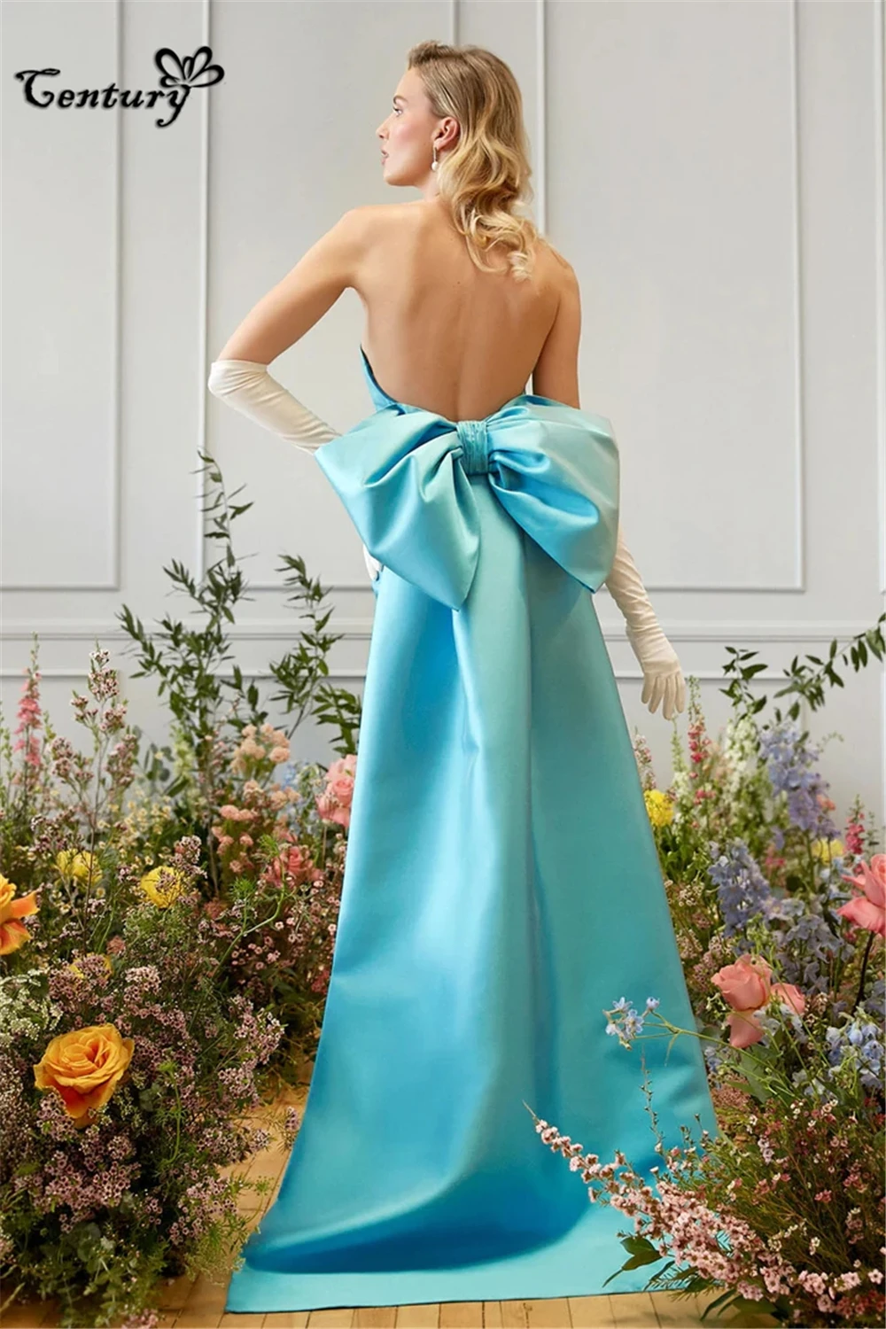 Sky Blue Prom Dress Long Detachable Train Big Bow Strapless Backless Satin Evening Party Gowns Robe De Soiree Customized