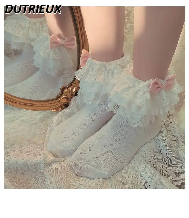 Sweet Cute Pink Bow Lolita Style Lace Bow Women's Cotton Socks Beautiful Fashion 2024 New Spring Autumn Hosiery for Lady