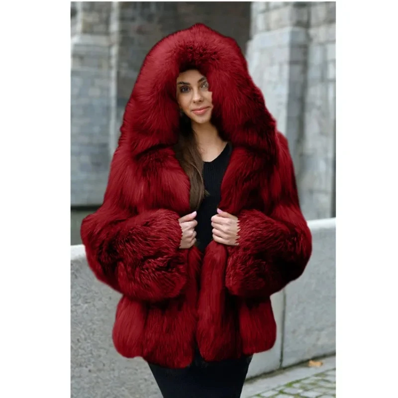 Mid-Length Fox Fur Jackets Winter Keep Warm Fashion Fur Coat Outwear Women Long Sleeve  Hooded Warm Fur Outwear Jackets