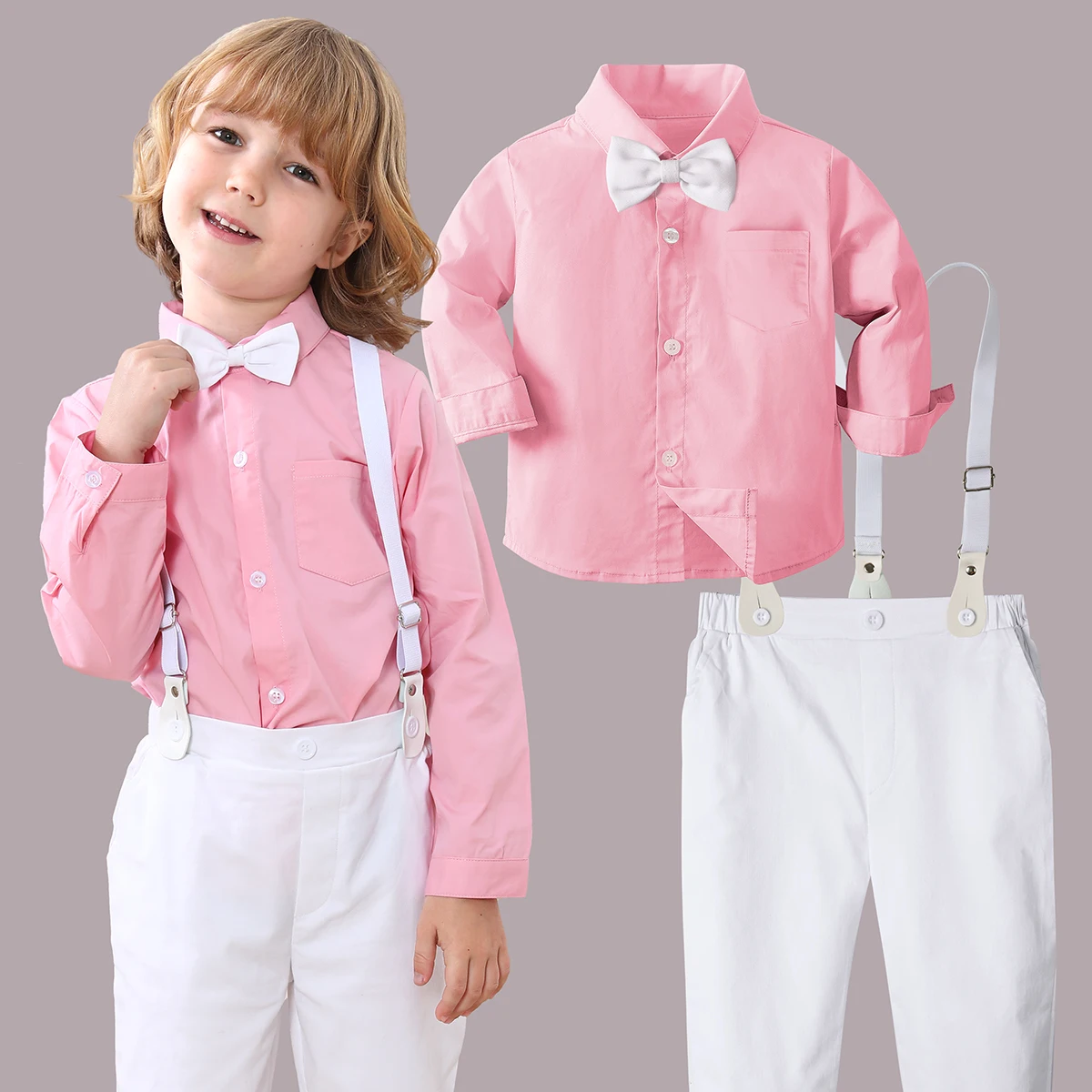 Toddler Boy Pink Outfit Easter Valentine's Day Set Suit for Kids Clothes Party Gift Girl Suspender Formal Photography Costume