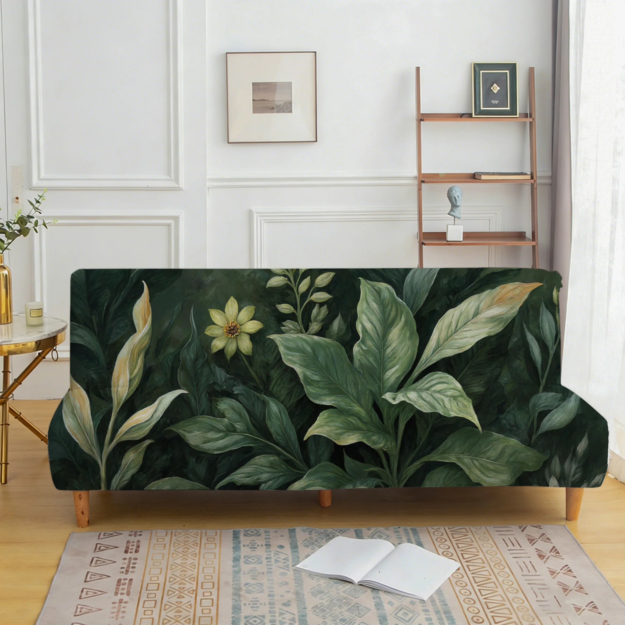 oil painting wind green plant sofa bedspread, elastic sleeveless sofa cover, dust and non-slip furniture protective cover